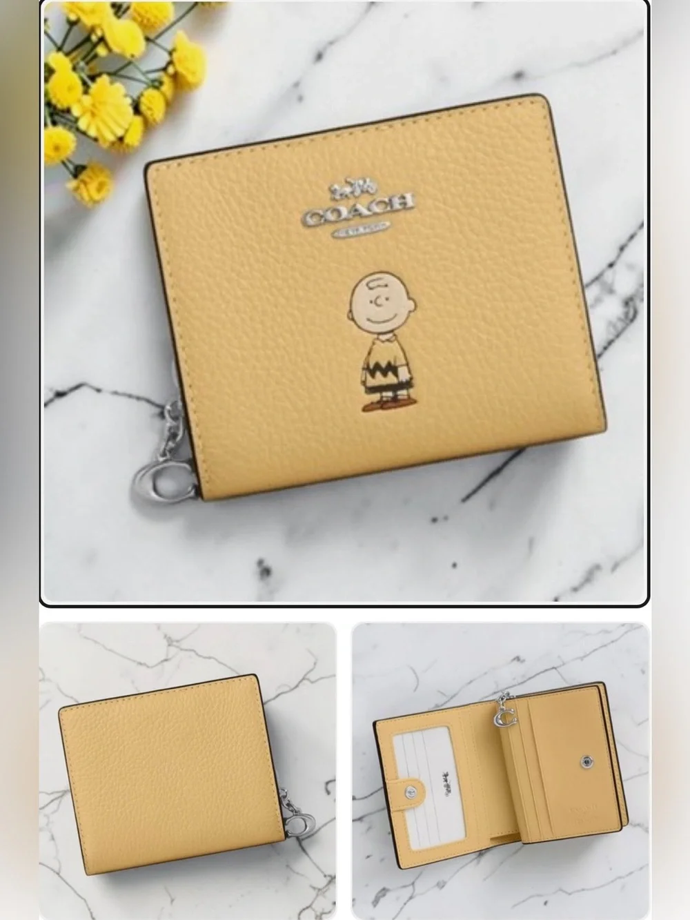 Coach X Peanuts Charlie Brown Yellow Leather Snap Wallet with Charm NWOT